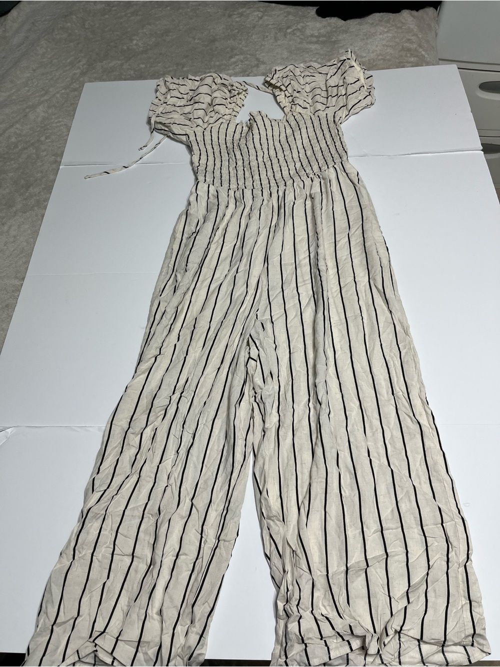 Luxology Cream and Black Striped Smocked Jumpsuit